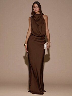 Elegant Chocolate Brown Sleeveless Satin Gown